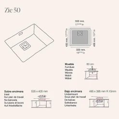 Cuve sous plan POALGI, ZIE 186, Granit, Noir Basalt, 55 cm, 1 bac