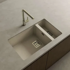 Cuve sous plan POALGI, ZIE 183, Granit, Beige Pumice, 75 cm, 2 bacs bonde or