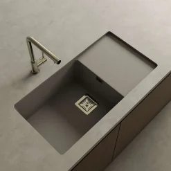 Cuve sous plan POALGI, ZIE 185, Granit, Gris Ash, 85 cm, 1 bac et 1 égouttoir bonde or