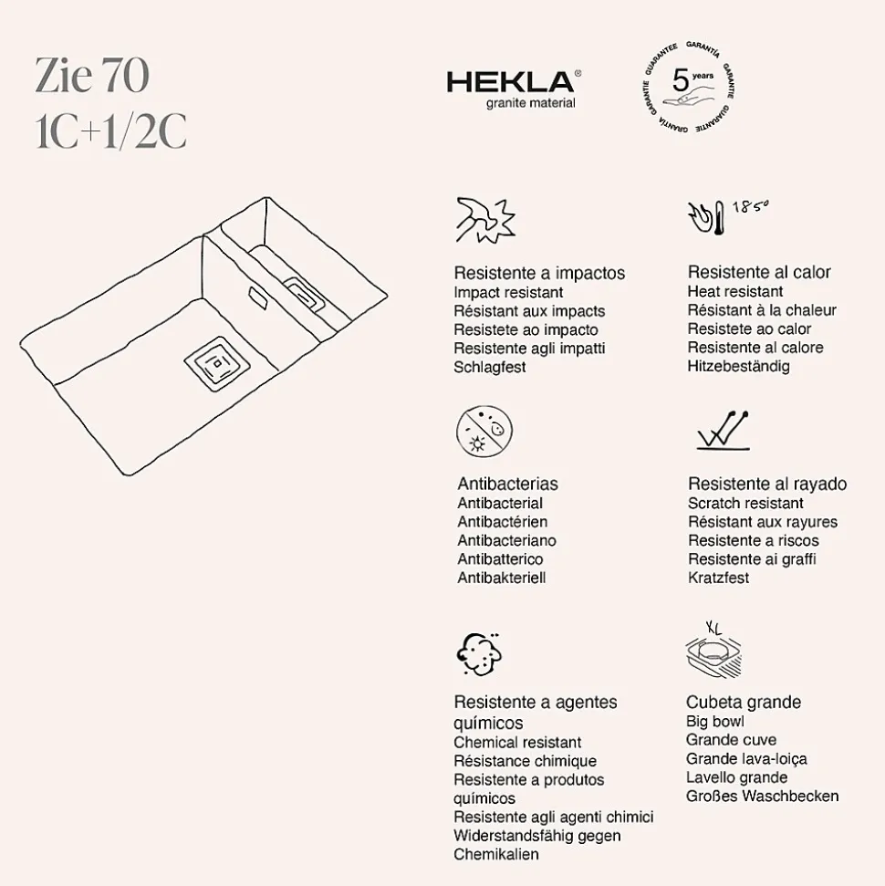 Cuve sous plan POALGI, ZIE 183, Granit, Blanc Snow, 75 cm, 2 bacs bonde or