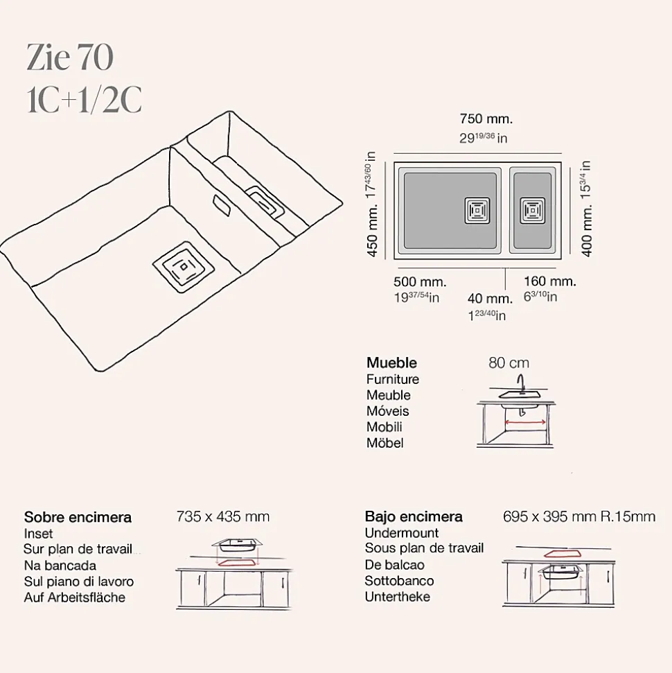 Cuve sous plan POALGI, ZIE 183, Granit, Blanc Snow, 75 cm, 2 bacs bonde or