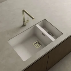 Cuve sous plan POALGI, ZIE 183, Granit, Blanc Snow, 75 cm, 2 bacs bonde or