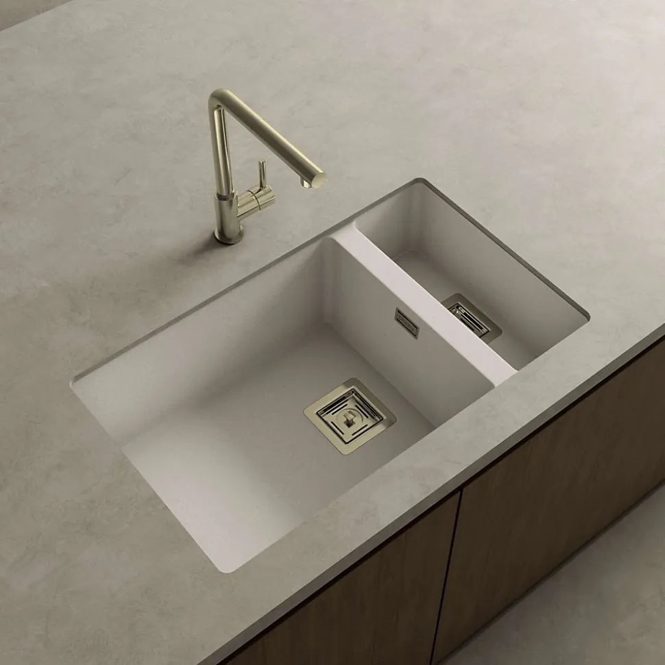 Cuve sous plan POALGI, ZIE 183, Granit, Blanc Snow, 75 cm, 2 bacs bonde or