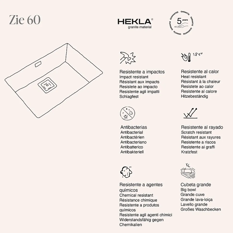 Cuve sous plan POALGI, ZIE 182, Granit, Blanc Snow, 65 cm, 1 bac