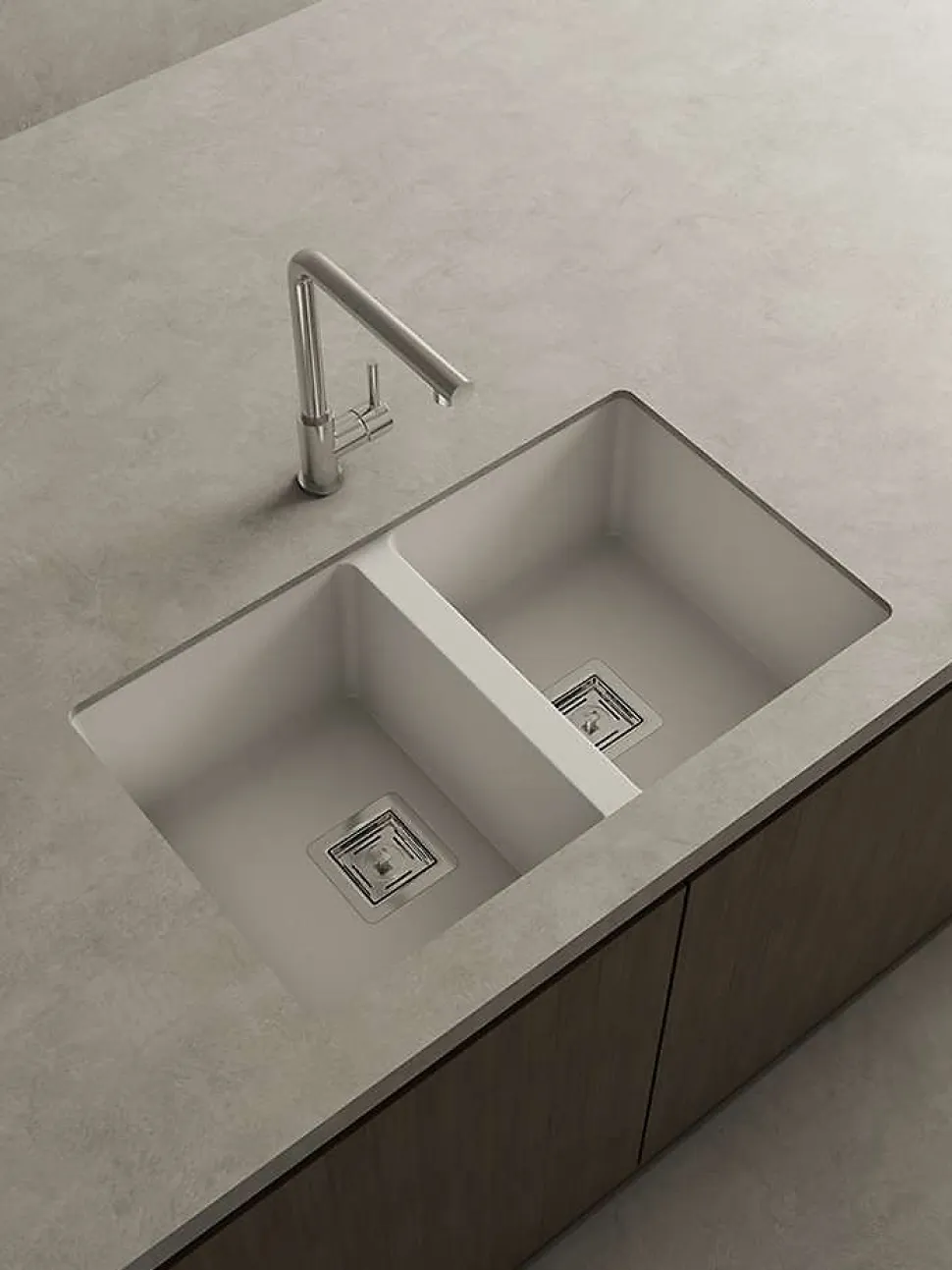 Cuve sous plan POALGI, ZIE 184, Granit, Blanc Snow, 75 cm, 2 bacs