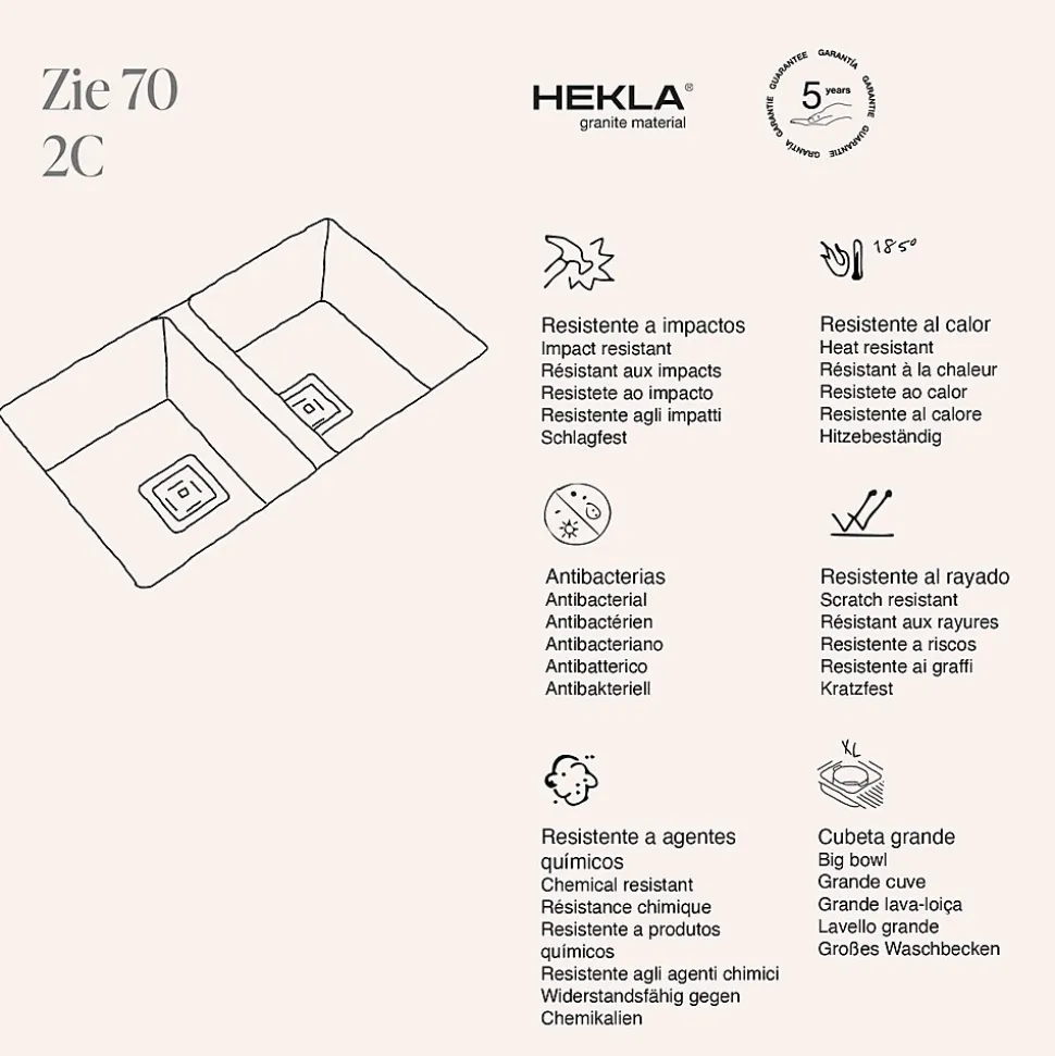 Cuve sous plan POALGI, ZIE 184, Granit, Blanc Snow, 75 cm, 2 bacs