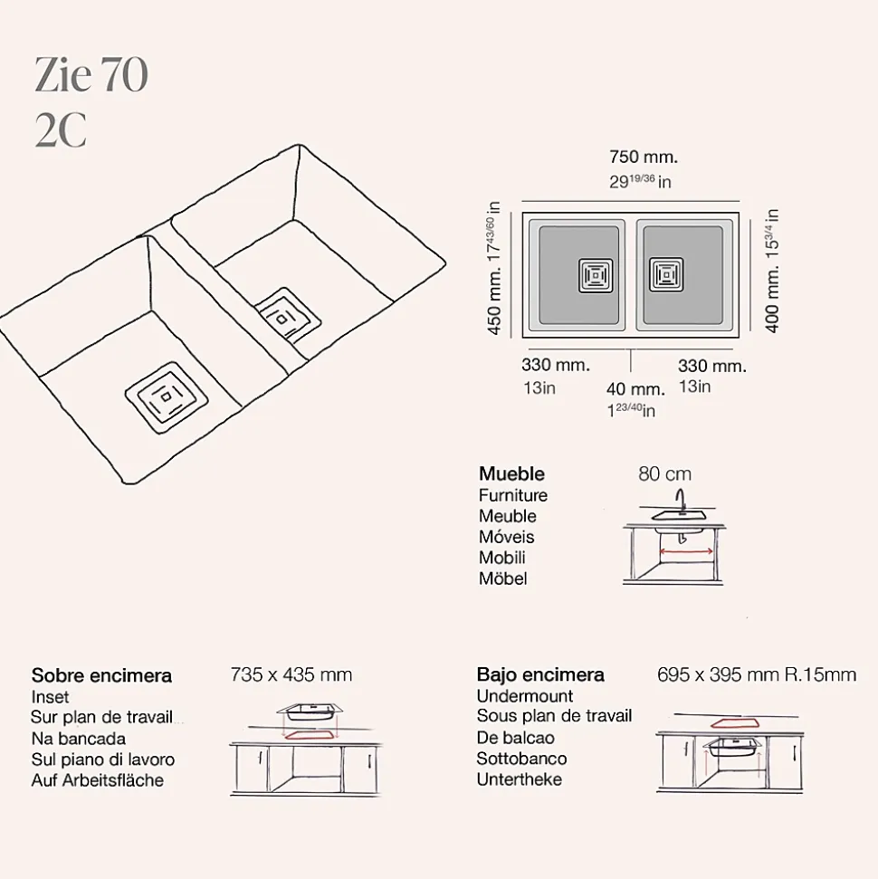 Cuve sous plan POALGI, ZIE 184, Granit, Blanc Snow, 75 cm, 2 bacs