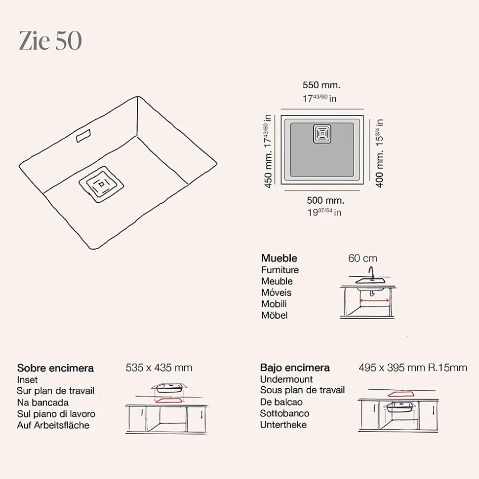 Cuve sous plan POALGI, ZIE 186, Granit, Blanc Snow, 55 cm, 1 bac