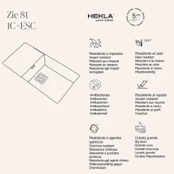Cuve sous plan POALGI, ZIE 185, Granit, Gris Ash, 85 cm, 1 bac et 1 égouttoir