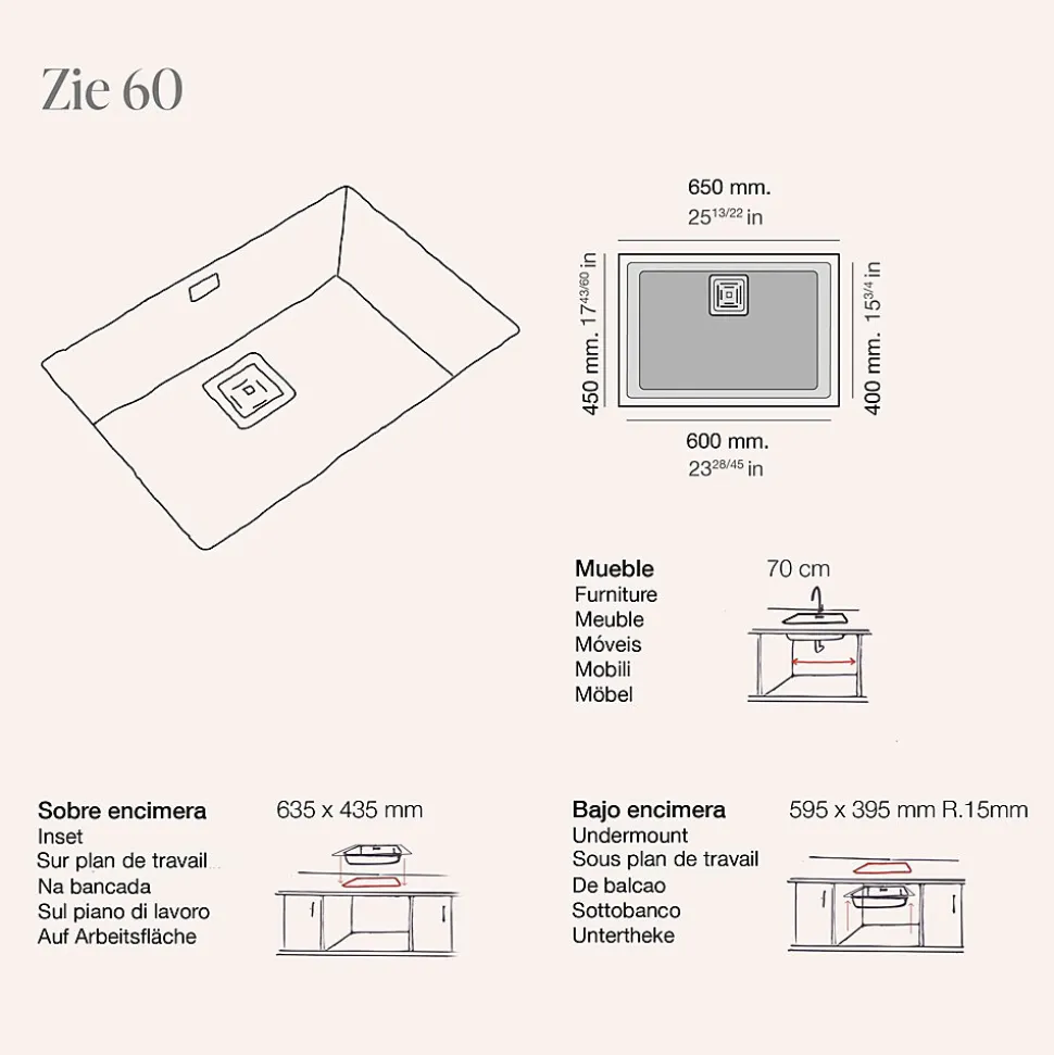 Cuve sous plan POALGI, ZIE 182, Granit, Blanc Snow, 65 cm, 1 bac bonde or