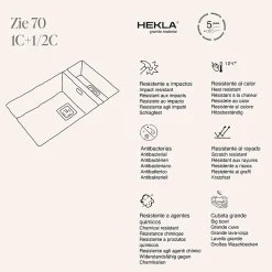 Cuve sous plan POALGI, ZIE 183, Granit, Gris Ash, 75 cm, 2 bacs bonde or