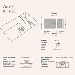 Cuve sous plan POALGI, ZIE 183, Granit, Gris Ash, 75 cm, 2 bacs bonde or