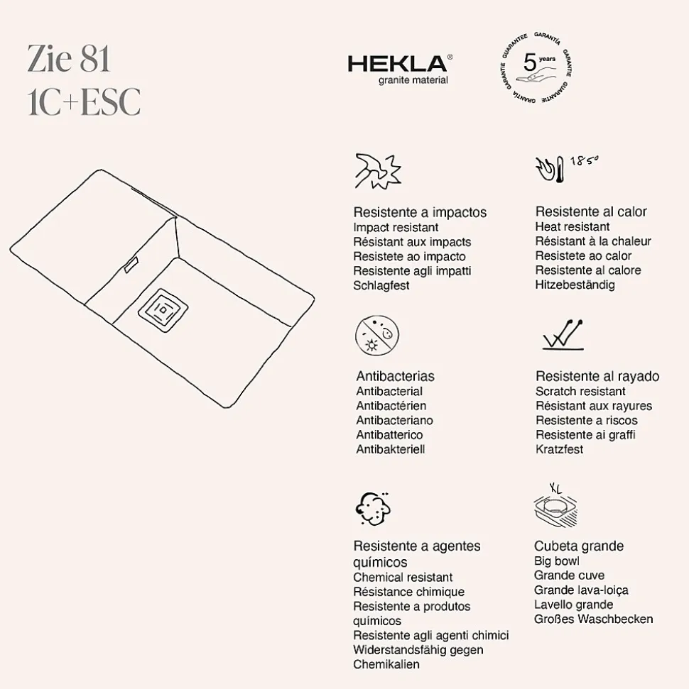 Cuve sous plan POALGI, ZIE 185, Granit, Noir Basalt, 85 cm, 1 bac et 1 égouttoir