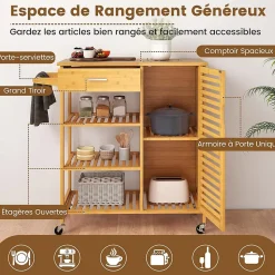 Deseerte à Roulette Cuisine en Bambou,3 Étagères, 1 Tiroir et 2 Portes, Porte Serviette,Plateau, pour Salon, Cuisine (1 Porte)