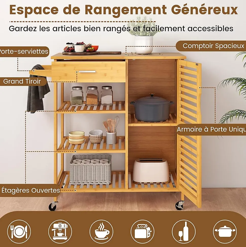 Deseerte à Roulette Cuisine en Bambou,3 Étagères, 1 Tiroir et 2 Portes, Porte Serviette,Plateau, pour Salon, Cuisine (1 Porte)