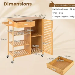 Deseerte à Roulette Cuisine en Bambou,3 Étagères, 1 Tiroir et 2 Portes, Porte Serviette,Plateau, pour Salon, Cuisine (1 Porte)