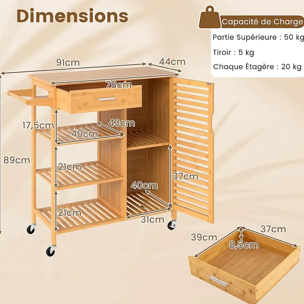 Deseerte à Roulette Cuisine en Bambou,3 Étagères, 1 Tiroir et 2 Portes, Porte Serviette,Plateau, pour Salon, Cuisine (1 Porte)