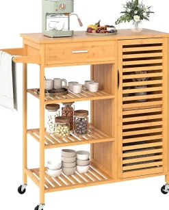 Deseerte à Roulette Cuisine en Bambou,3 Étagères, 1 Tiroir et 2 Portes, Porte Serviette,Plateau, pour Salon, Cuisine (1 Porte)