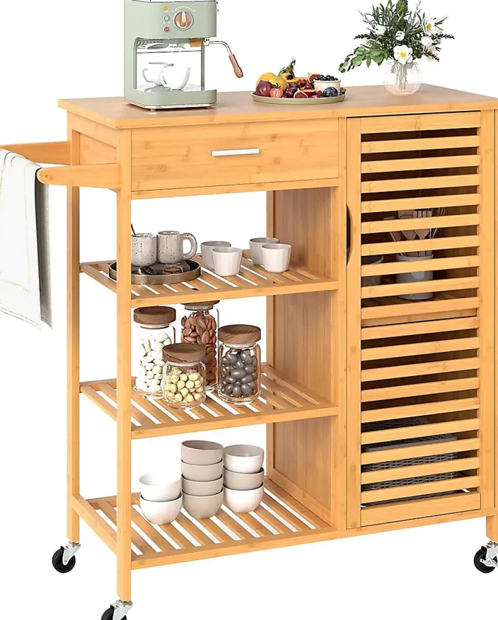 Deseerte à Roulette Cuisine en Bambou,3 Étagères, 1 Tiroir et 2 Portes, Porte Serviette,Plateau, pour Salon, Cuisine (1 Porte)