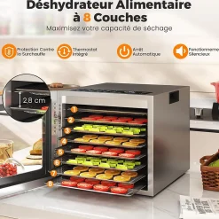 Deshydrateur Alimentaire 850W avec 8 Plateaux en Acier Inoxydable, Circulation d'Air, Fonctionnement Silencieux pour Fruits