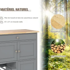 Desserte à roulettes avec Grand Espace de Rangement, en Bois avec Casiers à Vin pour 9 Bouteilles, Tiroir et 2 Placards (Gris)