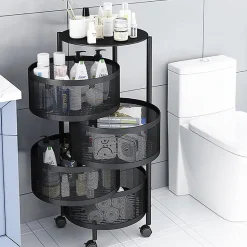 Desserte à roulettes avec 4 tiroir rotatif, chariot mobile à 3 niveau, rangement, panier à légumes et fruits noir - D 33 x H 75 cm