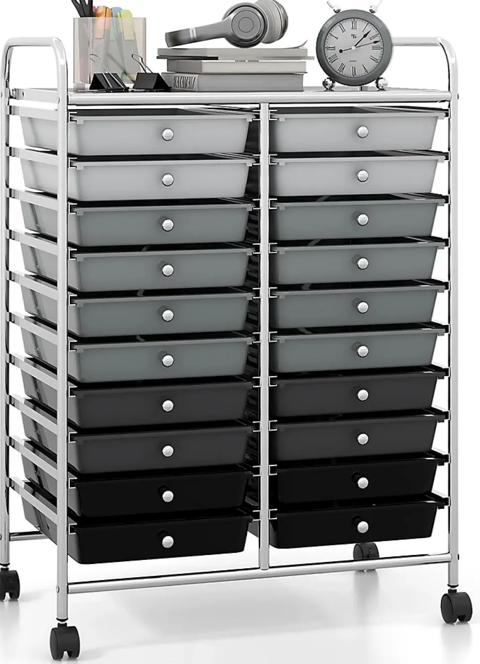 Desserte à Roulettes avec 20 Tiroirs Amovibles en Plastique,63 x 38 x 89 CM, Chariot de Rangement Cadre en Acier, Poignée Latéral
