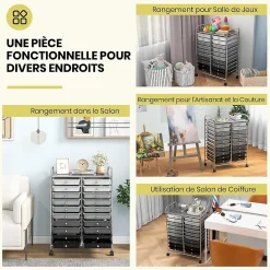 Desserte à Roulettes avec 20 Tiroirs Amovibles en Plastique,63 x 38 x 89 CM, Chariot de Rangement Cadre en Acier, Poignée Latéral