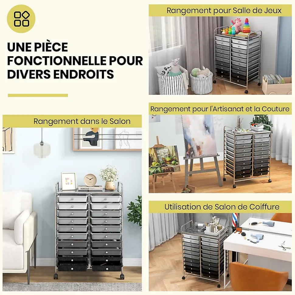 Desserte à Roulettes avec 20 Tiroirs Amovibles en Plastique,63 x 38 x 89 CM, Chariot de Rangement Cadre en Acier, Poignée Latéral