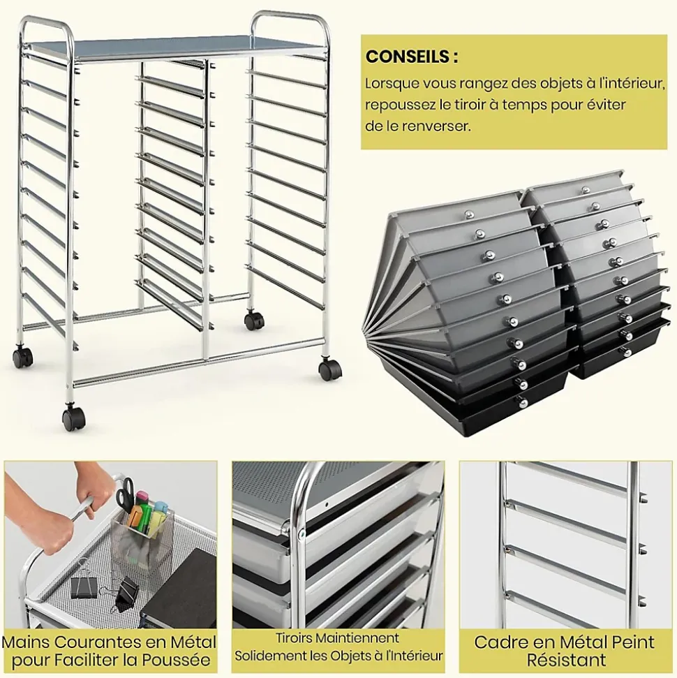 Desserte à Roulettes avec 20 Tiroirs Amovibles en Plastique,63 x 38 x 89 CM, Chariot de Rangement Cadre en Acier, Poignée Latéral