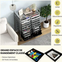 Desserte à Roulettes avec 20 Tiroirs Amovibles en Plastique,63 x 38 x 89 CM, Chariot de Rangement Cadre en Acier, Poignée Latéral