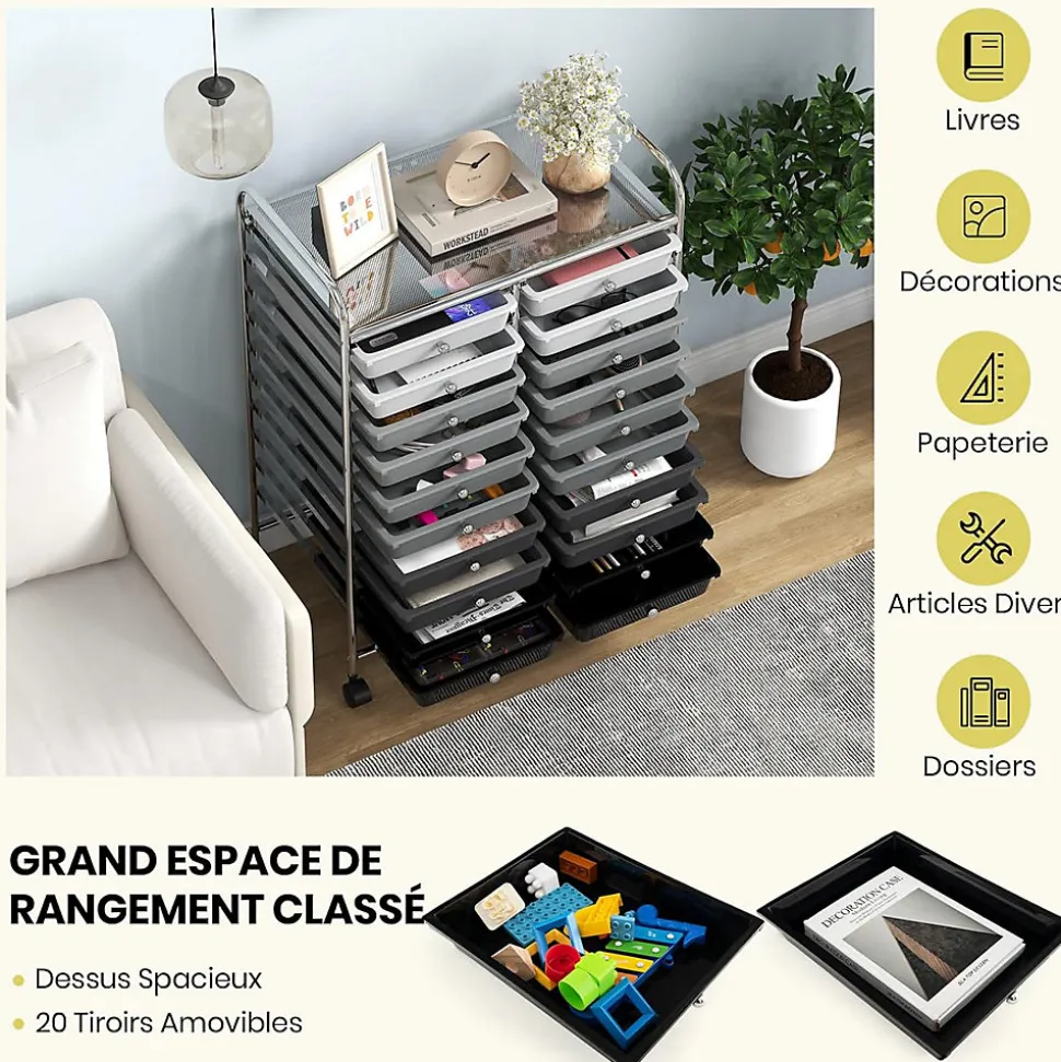 Desserte à Roulettes avec 20 Tiroirs Amovibles en Plastique,63 x 38 x 89 CM, Chariot de Rangement Cadre en Acier, Poignée Latéral