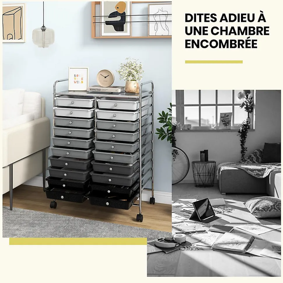 Desserte à Roulettes avec 20 Tiroirs Amovibles en Plastique,63 x 38 x 89 CM, Chariot de Rangement Cadre en Acier, Poignée Latéral