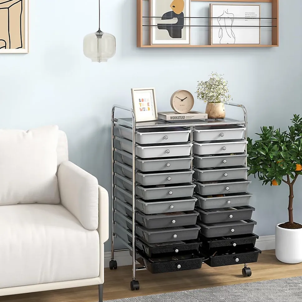 Desserte à Roulettes avec 20 Tiroirs Amovibles en Plastique,63 x 38 x 89 CM, Chariot de Rangement Cadre en Acier, Poignée Latéral