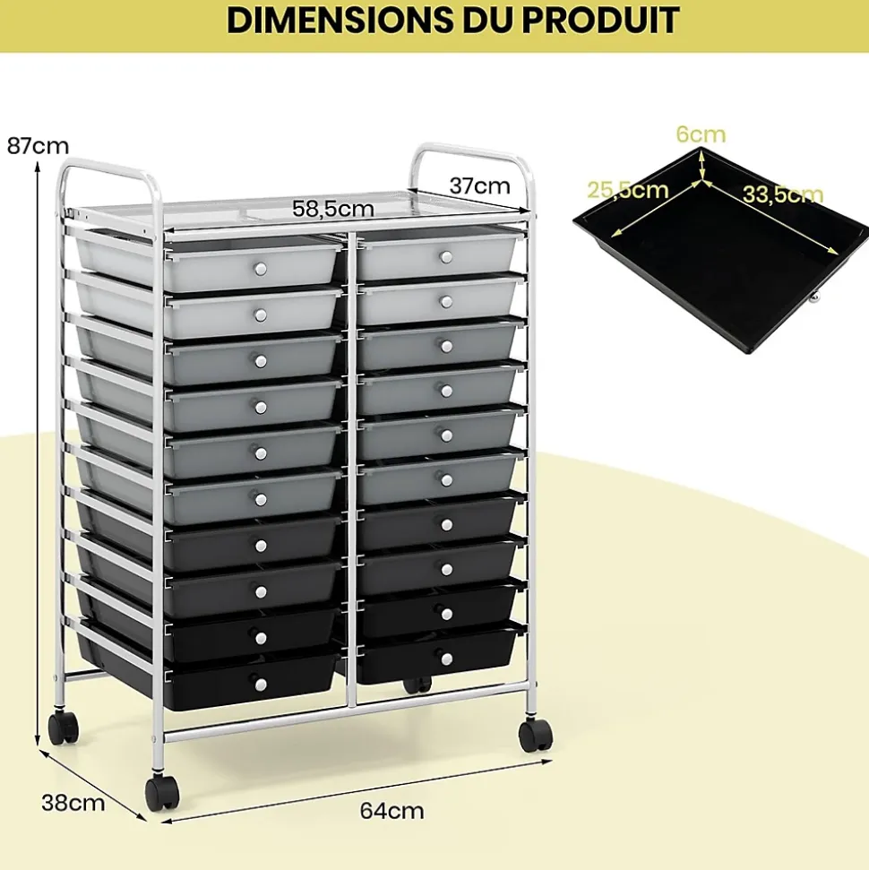 Desserte à Roulettes avec 20 Tiroirs Amovibles en Plastique,63 x 38 x 89 CM, Chariot de Rangement Cadre en Acier, Poignée Latéral