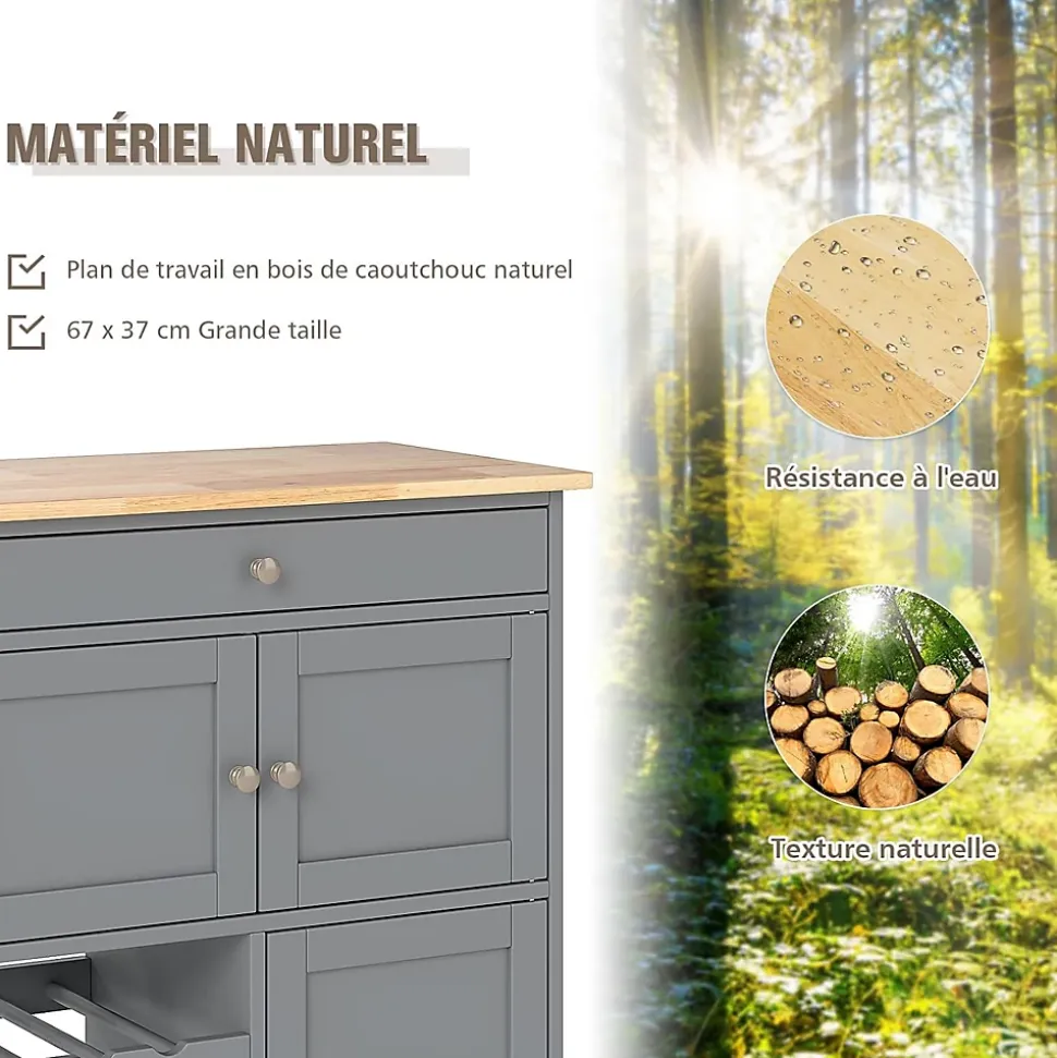 Desserte à roulettes avec Grand Espace de Rangement,en Bois avec Casiers à Vin pour 9 Bouteilles,Tiroir et 2 Placard (Brun)