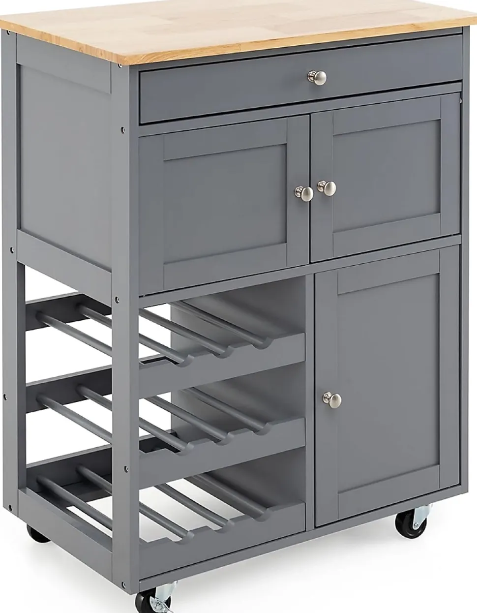 Desserte à roulettes avec Grand Espace de Rangement,en Bois avec Casiers à Vin pour 9 Bouteilles,Tiroir et 2 Placard (Brun)