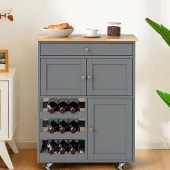 Desserte à roulettes avec Grand Espace de Rangement,en Bois avec Casiers à Vin pour 9 Bouteilles,Tiroir et 2 Placard (Brun)