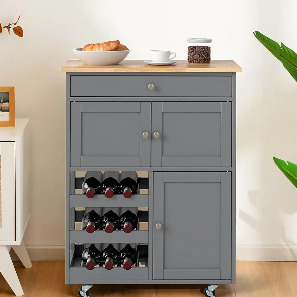 Desserte à roulettes avec Grand Espace de Rangement,en Bois avec Casiers à Vin pour 9 Bouteilles,Tiroir et 2 Placard (Brun)