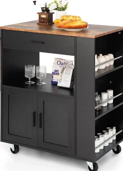 Desserte à roulettes Chariot en Bois avec Placard Tiroir et étagère Ouverte Support à épices 3 Niveaux Porte Serviettes