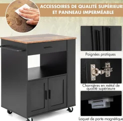 Desserte à roulettes Chariot en Bois avec Placard Tiroir et étagère Ouverte Support à épices 3 Niveaux Porte Serviettes