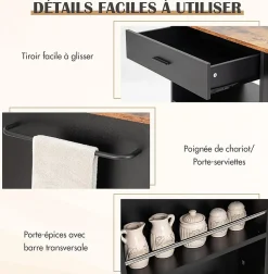 Desserte à roulettes Chariot en Bois avec Placard Tiroir et étagère Ouverte Support à épices 3 Niveaux Porte Serviettes