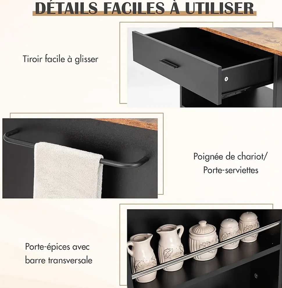 Desserte à roulettes Chariot en Bois avec Placard Tiroir et étagère Ouverte Support à épices 3 Niveaux Porte Serviettes