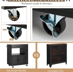 Desserte à roulettes Chariot en Bois avec Placard Tiroir et étagère Ouverte Support à épices 3 Niveaux Porte Serviettes