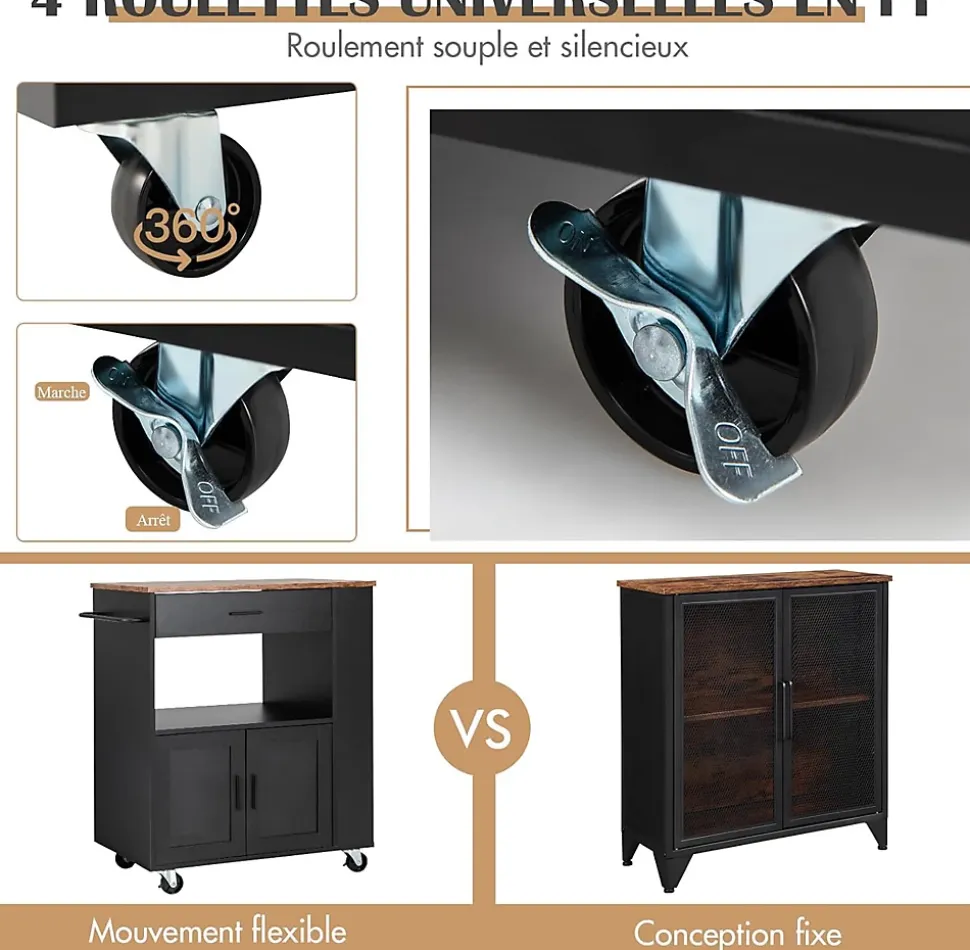 Desserte à roulettes Chariot en Bois avec Placard Tiroir et étagère Ouverte Support à épices 3 Niveaux Porte Serviettes