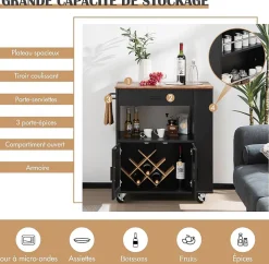 Desserte à roulettes Chariot en Bois avec Placard Tiroir et étagère Ouverte Support à épices 3 Niveaux Porte Serviettes