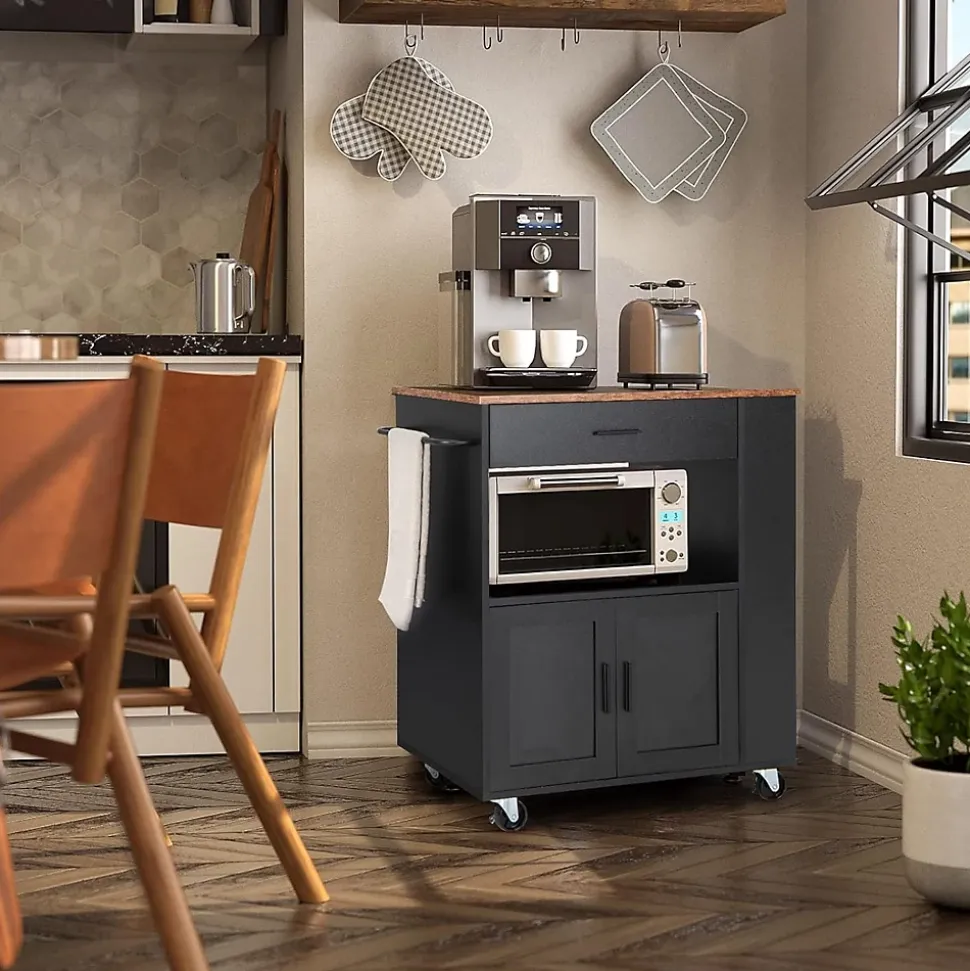 Desserte à roulettes Chariot en Bois avec Placard Tiroir et étagère Ouverte Support à épices 3 Niveaux Porte Serviettes