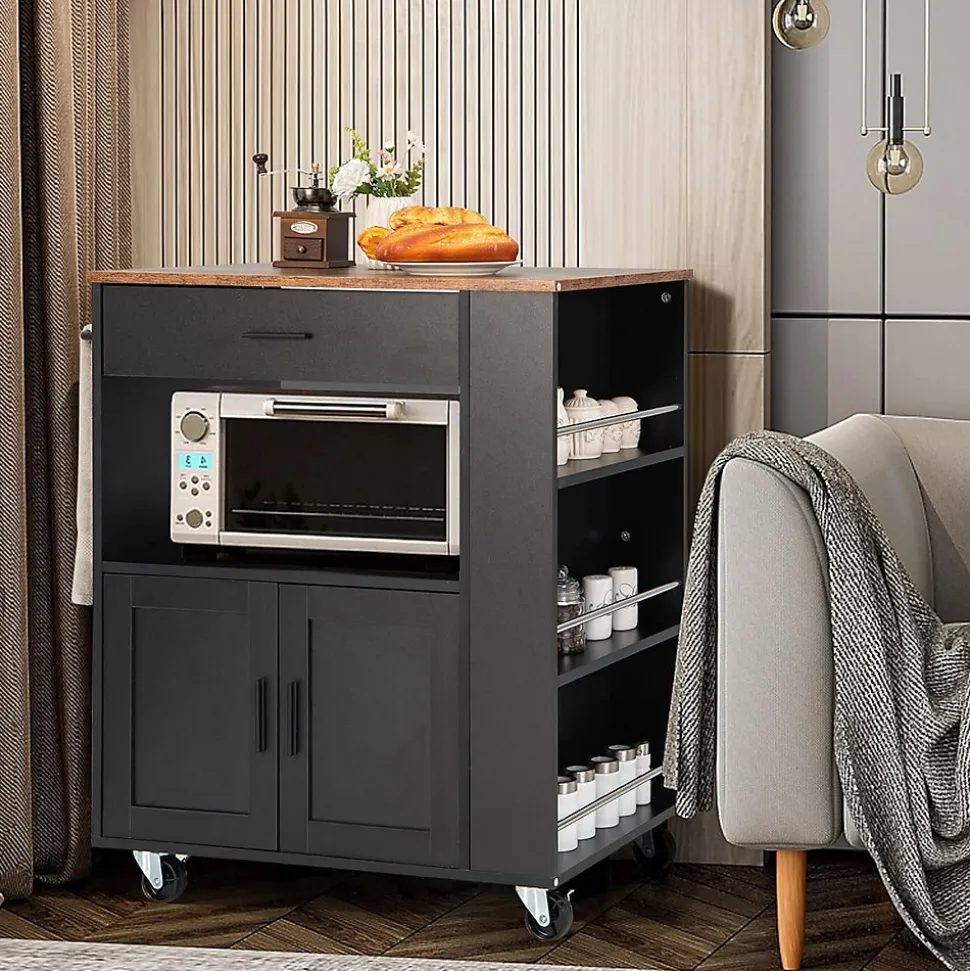 Desserte à roulettes Chariot en Bois avec Placard Tiroir et étagère Ouverte Support à épices 3 Niveaux Porte Serviettes