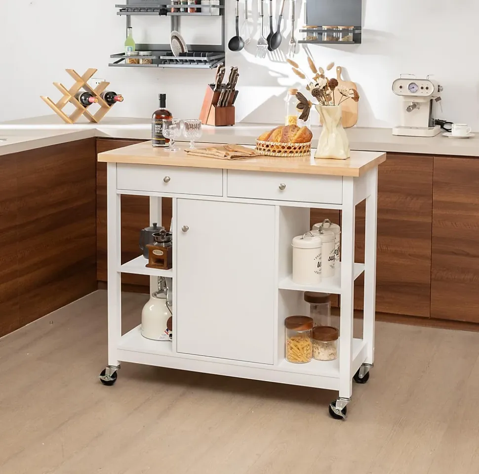 Desserte à roulettes de Cuisine avec Etagères Ouvertes Tiroirs Armoire Chariot de Cuisine Roulant avec 2 Roues Blanc