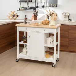 Desserte à roulettes de Cuisine avec Etagères Ouvertes Tiroirs Armoire Chariot de Cuisine Roulant avec 2 Roues Blanc